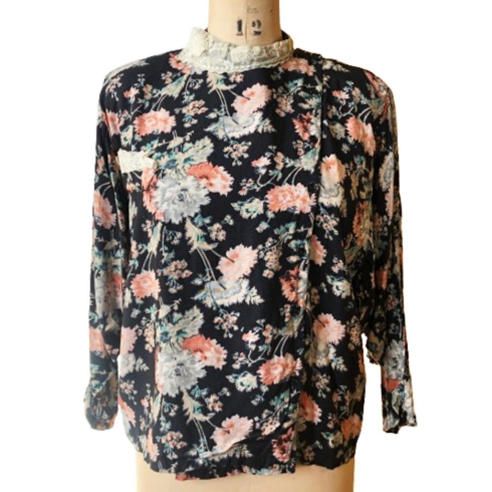 Vintage French Rene Derhy dark florals and lace tunic top shirt